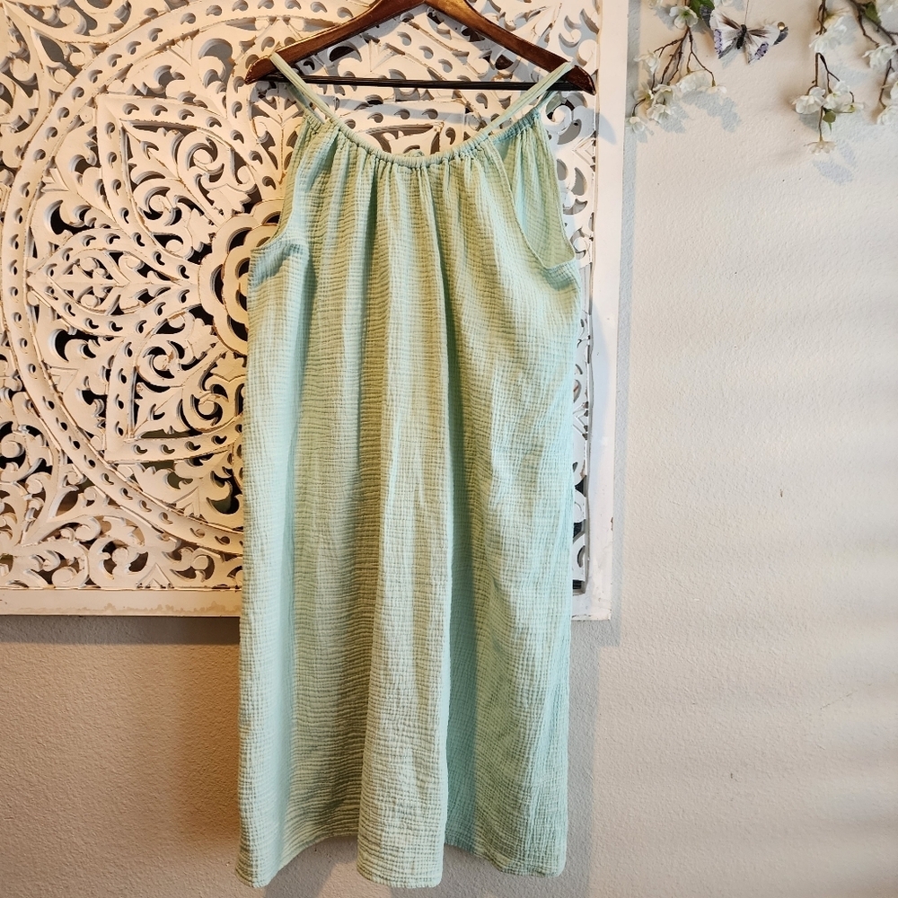 KONA SOL PASTEL GREEN 100% COTTON GAUZE MIDI SUNDRESS COVER-UP DRESS S/M - Picture 10 of 11